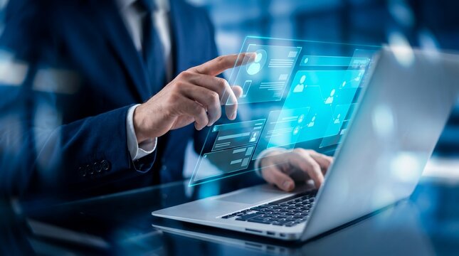 Businessman operating laptop showing futuristic user profiles, digital team networks and interactive virtual interface, representing human resource management and corporate connectivity