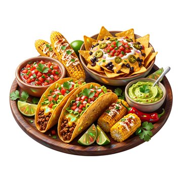 Delicious Mexican feast featuring tacos nachos guacamole salsa corn and chili peppers on a platter