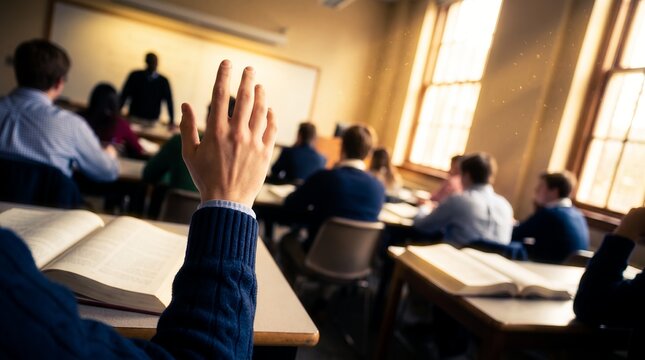 Student raising hand in a bright university classroom showcasing active participation, lecture environment and focused studying, illustrating academic success and higher education