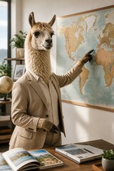 Naklejka premium Llama in Business Suit Pointing at World Map in Office