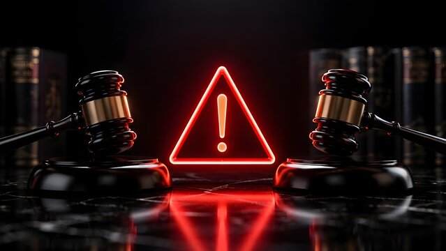 Two wooden judge gavels facing a glowing red warning triangle representing legal conflict, court dispute, and severe judicial penalties.