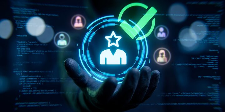 Digital human resource icon interface showcasing verified candidate profile, star employee selection and talent evaluation, representing modern recruitment technology and efficient hiring