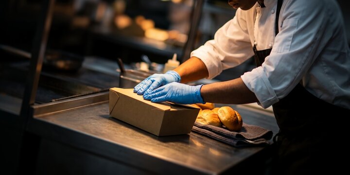 Professional chef in gloves showcasing eco takeaway box packaging, freshly baked bread rolls and dark kitchen interior, representing food hygiene safety and order delivery service