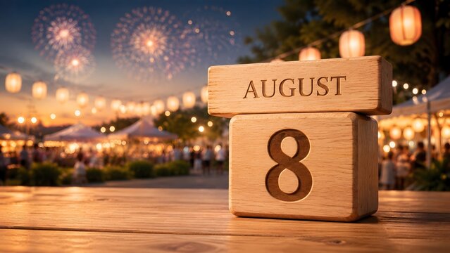 Wooden cube calendar showing August 8 date at a vibrant outdoor summer festival with glowing lights, tents, and fireworks display.