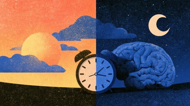 Conceptual image of human brain and alarm clock illustrating the contrast between day and night cycles with bright sun and crescent moon in split nature background