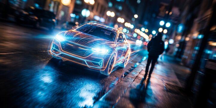 Digital wireframe futuristic car showcasing smart vehicle technology, high speed motion blur and glowing lights, representing urban mobility innovation and futuristic transport