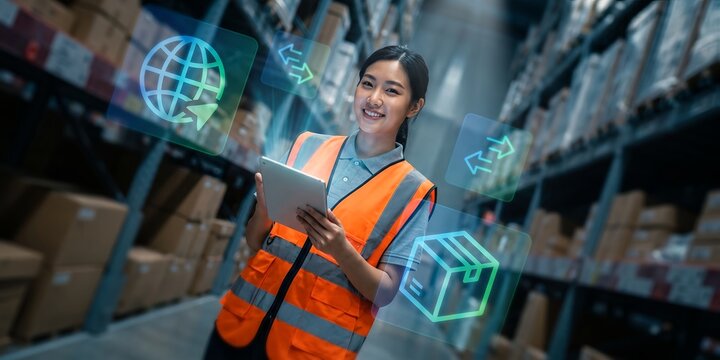 Female warehouse worker with digital tablet showcasing smart inventory tracking, holographic logistics icons and automated storage, representing global trade and supply chain efficiency