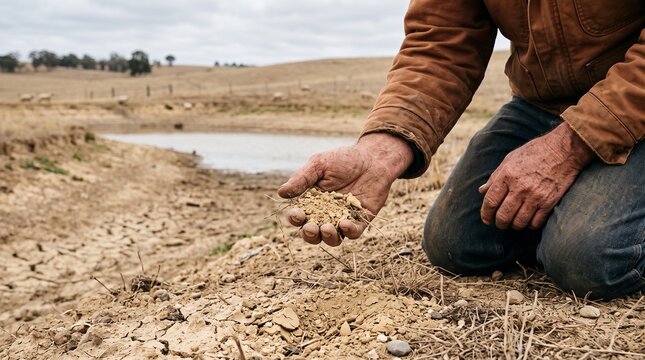 Farmer examines dry soil beside a depleted farm dam