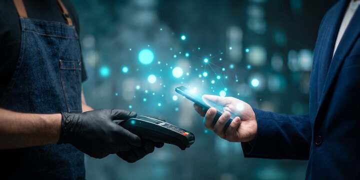 Contactless mobile payment scene displaying smartphone NFC transaction, credit card POS terminal and glowing digital network, symbolizing cashless banking and modern retail business