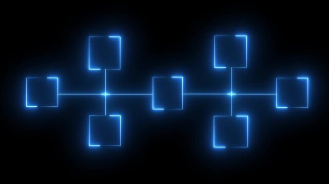 Neon line cubes with human icons connected by arrows and central cube with red check mark symbolizing teamwork and approval in network animation concept on a black background
