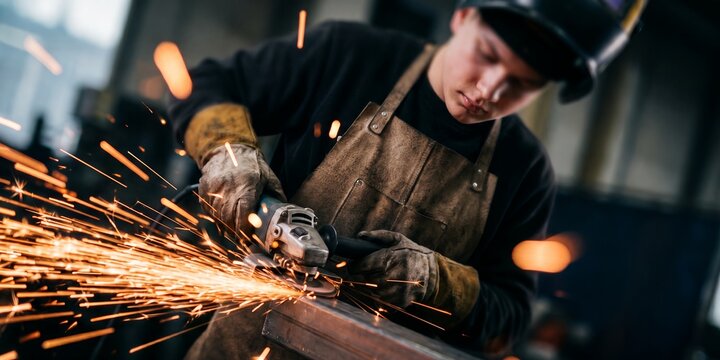 Young industrial worker grinding metal showcasing flying sparks, power tool equipment and protective leather apron, representing metalwork craftsmanship and manual manufacturing process