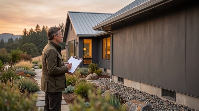 Insurance assessor reviews a wildfire ready home exterior