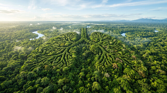 Giant human lung seamlessly merging with the Amazon rainforest canopy, representing the lungs of the planet, clean air, biodiversity and climate balance