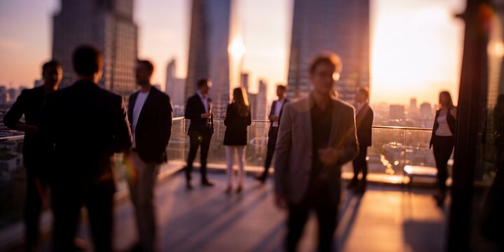 Business professionals on a rooftop balcony showcasing corporate networking, modern city skyline and sunset cocktail party, representing professional success and executive collaboration