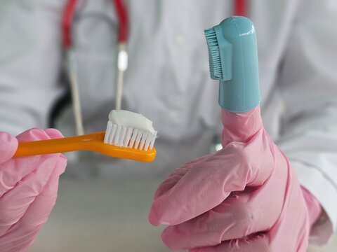 Dental care tools in a clinic setting show a person holding a toothbrush and a dental
