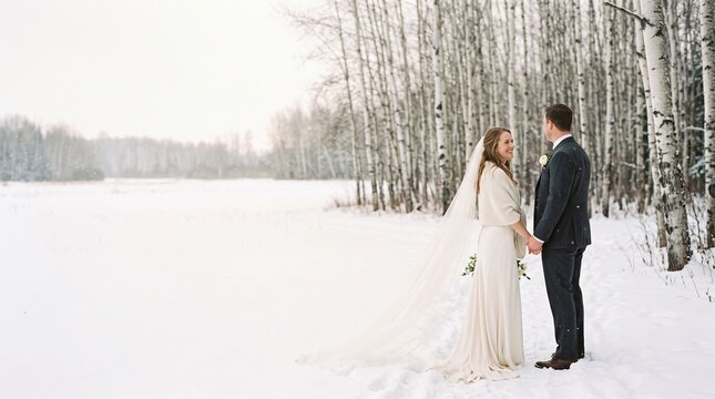 Newlyweds pause together in a softly falling snowstorm