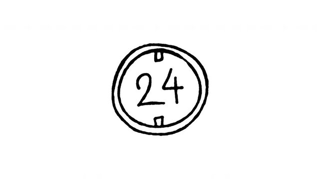 4K hand drawn 24 hours clock face pop-up icon featuring boiling line animation. Frame by frame line art on black and green screen backgrounds for full day service, non stop operation, time cycle.
