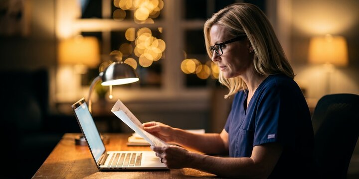 Dedicated female nurse working late at desk showcasing medical paperwork review, laptop computer usage and night shift study, representing healthcare administration and professional dedication