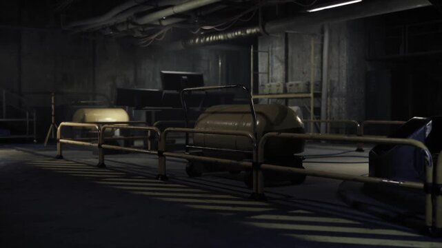 Industrial assembly line under low lights, rows of conveyor units and control panels, worn surfaces and pipework above, cinematic abandoned plant feel