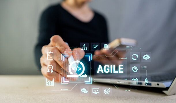 Developer touching Agile methodology icon, software development lifecycle and workflow process concept