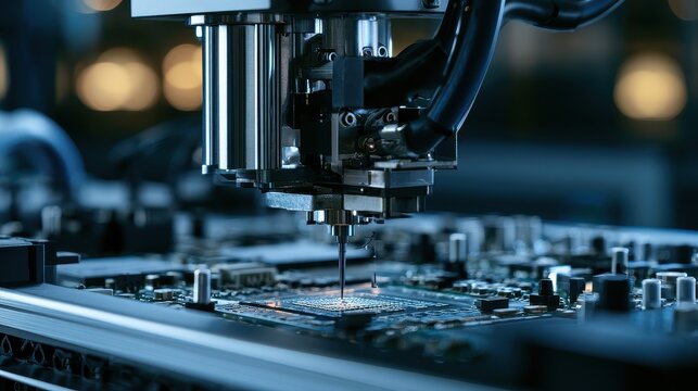Surface Mount Technology component placement robotics efficiency smart factory close up advanced assembly line dynamic Overlay precision fabrication environment. 