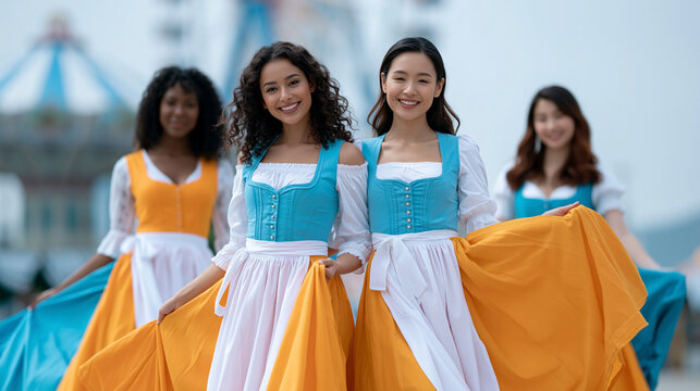Four young women in colorful dirndls performing a lively traditional Bavarian dance outdoors during Oktoberfest celebration