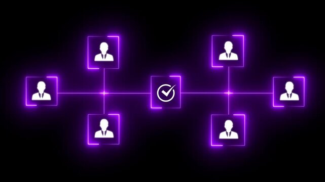 Neon line cubes with human icons connected by arrows and central cube with red check mark symbolizing teamwork and approval in network animation concept on a black background