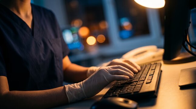Medical worker hands wearing protective gloves showing late night shift, computer keyboard typing and digital record keeping, representing healthcare dedication and patient data management