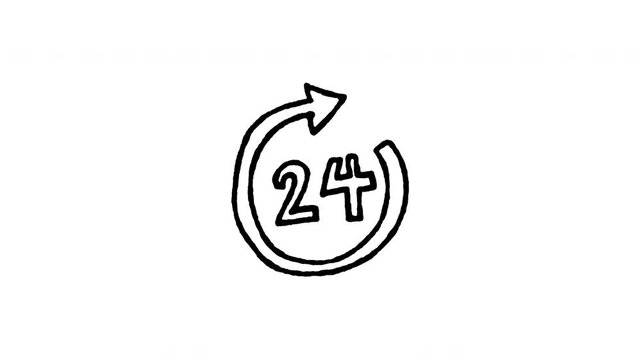 4K hand drawn 24 hours rotation arrow pop-up icon featuring boiling line animation. Frame by frame line art on black and green screen backgrounds for all day open, continuous loop, refresh.