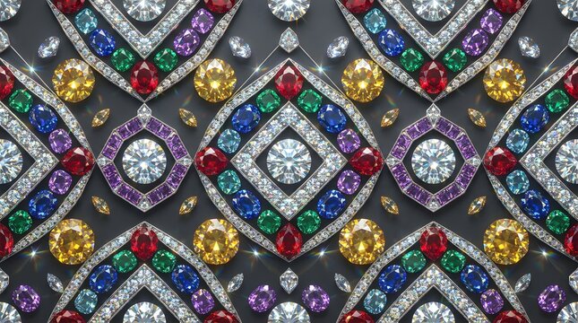 Luxurious symmetrical pattern of multicolored gemstones and diamonds featuring rubies sapphires and emeralds on a dark elegant background
