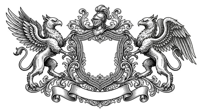 Intricate heraldic emblem featuring dual majestic griffins flanking a royal shield with ornate decorative metal helmet