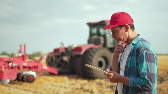 Farmer in red cap and blue jacket using digital tablet while standing in agricultural field. Man checking farming data with modern tractor and red cultivation equipment working in soil.