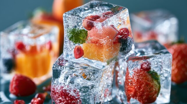 Close-up of clear ice cube with assorted fresh fruit pieces including strawberry, blueberry, pomegranate, and melon encased inside on a reflective surface with blurred background
