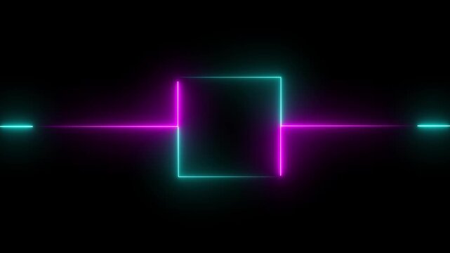 Abstract black background, blue color neon box with glowing neon lines. Glowing Neon light frame rectangle loading icon animation on a black background