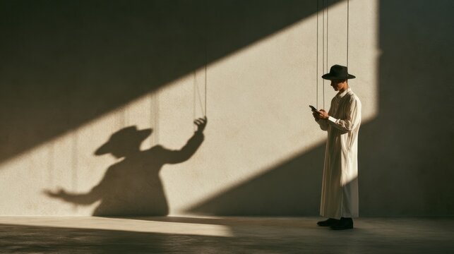 Man in traditional long robe and wide-brimmed hat standing against plain wall with shadow mimicking marionette puppet movement holding a phone in hand indoors