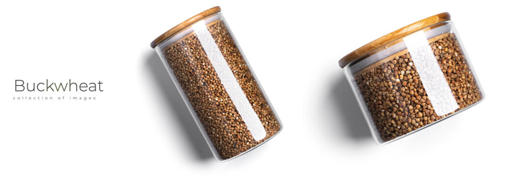 Glass jar with buckwheat on a white background.