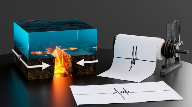 Oceanic crust spreading rift model, rock fracture, and seismograph roll, sudden tectonic event concept.

