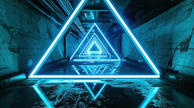 Hypnotic Neon Blue Triangular Tunnel with Concentric Triangles Reflections in an Industrial Sci-Fi Setting