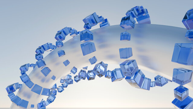 3D abstract blue glass cubes swirling around ring, ideal for blockchain technology, data network banners, crypto background, and tech presentations