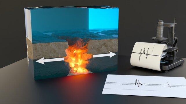 Oceanic crust spreading rift model, rock fracture, and seismograph roll, sudden tectonic event concept.
