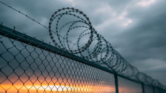 Spiral razor wire on chain link fence at dusk represents border control and restricted access.