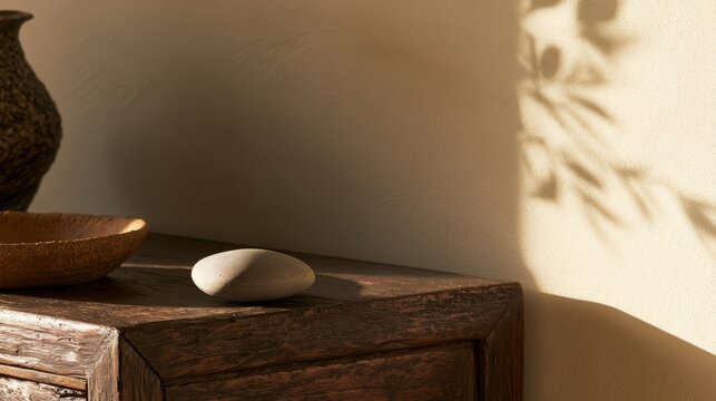 Worn wooden cabinet edge with smooth river stone, calm and accessible workspace concept
