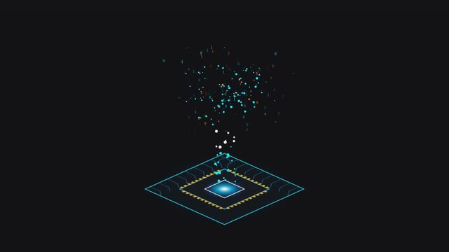Digital processing chip generating floating binary data particles in this smooth motion animation video clip background