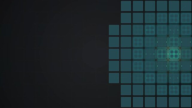 Futuristic technological concept background with glowing teal grid pattern and digital data blocks on dark theme