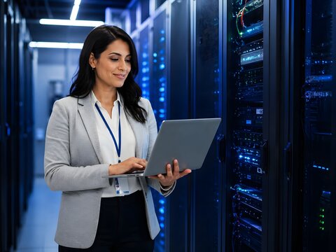 Female IT Engineer In Data Center, Server Room Technology, Cloud Infrastructure Management, Network Administration Workspace, Cybersecurity Professional
