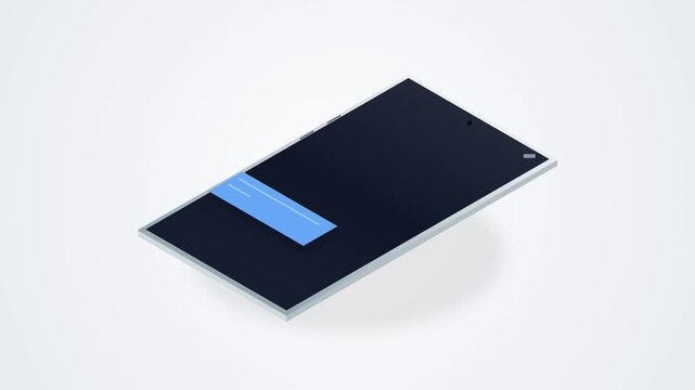 Modern digital device showing a sleek dark screen with a light blue accent strip, presented on a light background in an isometric view