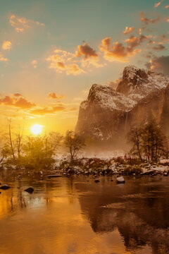 View of Yosemite National Park in winter, sunset in the mountains