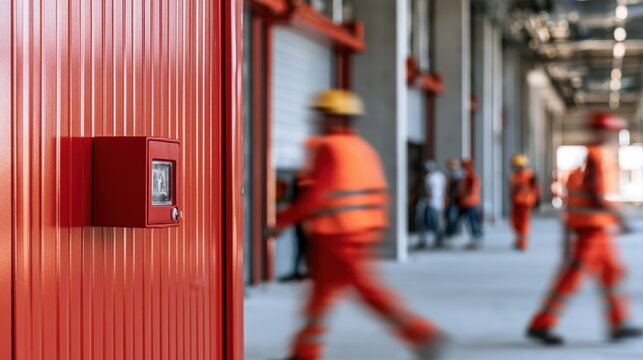 Red fire alarm box mounted on industrial metal wall with blurred movement of workers wearing safety vest and helmet inside a large warehouse facility