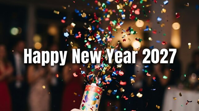 Happy New Year 2027 greeting with colorful confetti explosion at a festive party celebration photo