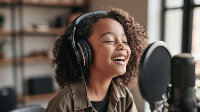 Happy young girl enjoying singing with closed eyes wearing headphones in professional recording studio with microphone in modern creative environment